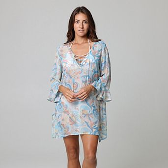 Women's J. Valdi Ruffle Sleeve Lace Up Swim Cover-Up Tunic