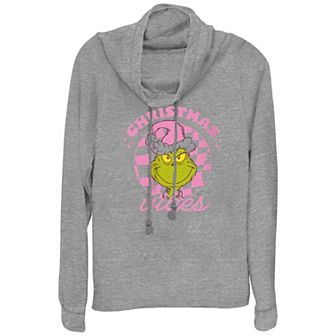 Women's Dr. Seuss Grinch Christmas Vibes Cowlneck Graphic Lightweight Long Sleeve
