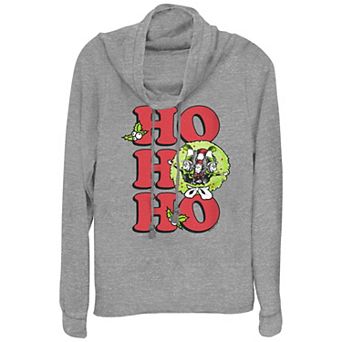 Women's Dr. Seuss The Cat In The Hat Christmas Wreath Ho Ho Ho Cowlneck Graphic Lightweight Long Sleeve
