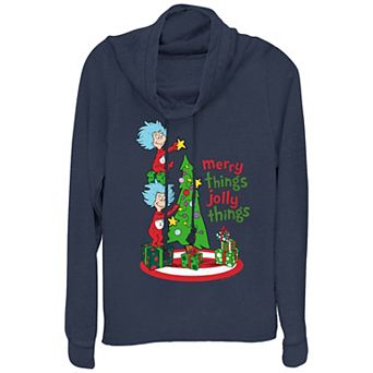 Women's Dr. Seuss Thing 1 And Thing 2 Merry Things Jolly Things Cowlneck Graphic Lightweight Long Sleeve