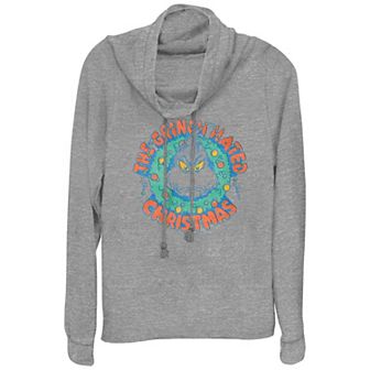 Women's Dr. Seuss The Grinch Hated Christmas Wreath Cowlneck Graphic Lightweight Long Sleeve