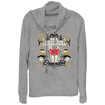 Women's Stranger Things All I Want For Christmas Is A Demodog Cowlneck Graphic Lightweight Long Sleeve