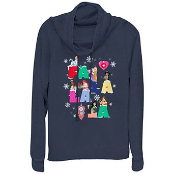 Disney Princess Cinderella, Rapunzel, Jasmine, Tiana, Ariel, Mulan & Belle Fa La La La Christmas Singing Women's Cowlneck Graphic Lightweight Long Sleeve
