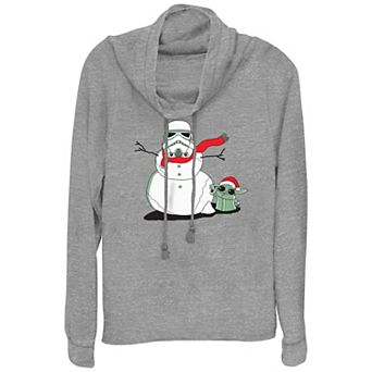 Women's Star Wars The Mandalorian Grogu And Storm Trooper The Snowman Cowlneck Graphic Lightweight Long Sleeve