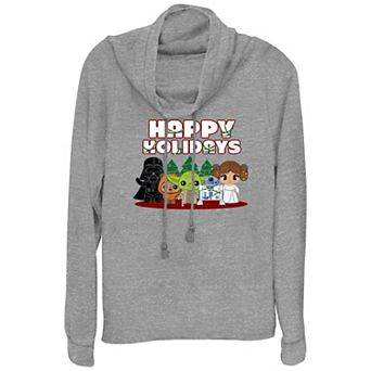 Women's Star Wars Characters Happy Holidays Cowlneck Graphic Lightweight Long Sleeve