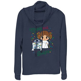 Women's Star Wars R2-D2 And Princess Leia Organa Merry And Bright Cowlneck Graphic Lightweight Long Sleeve