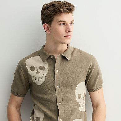 Men's Retrofit Skulls Short Sleeve Button-Down Sweater