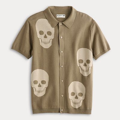 Men's Retrofit Skulls Short Sleeve Button-Down Sweater