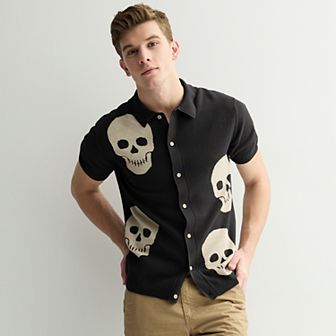 Men's Retrofit Skulls Short Sleeve Button-Down Sweater