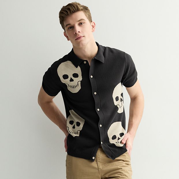 Men's Retrofit Skulls Short Sleeve Button-Down Sweater