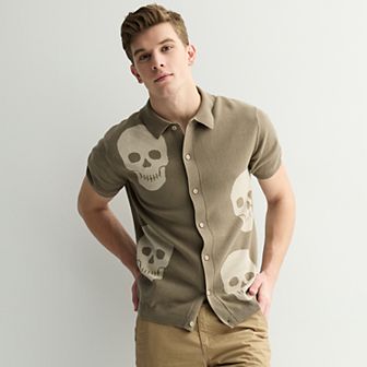 Men's Retrofit Skulls Short Sleeve Button-Down Sweater