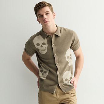 Men's Retrofit Skulls Short Sleeve Button-Down Sweater