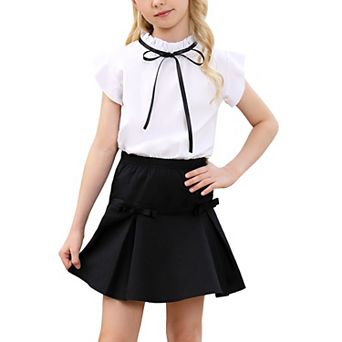 Girl's Skirt Sets Summer Bow Frilled Neck Ruffle Sleeve Tops Solid Fishtail Mini Short Skirt 3-12Y