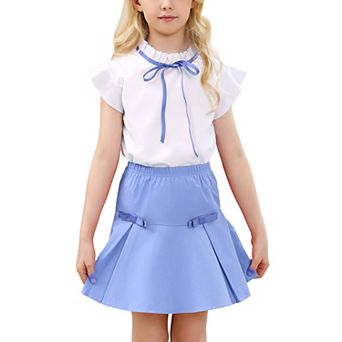 Girl's Skirt Sets Summer Bow Frilled Neck Ruffle Sleeve Tops Solid Fishtail Mini Short Skirt 3-12Y