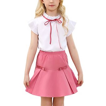 Girl's Skirt Sets Summer Bow Frilled Neck Ruffle Sleeve Tops Solid Fishtail Mini Short Skirt 3-12Y