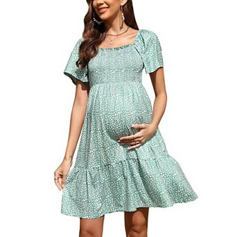 Women's Maternity Square Neck Short Sleeve Summer Dress Smocked Boho Ruffle Casual Midi Dress