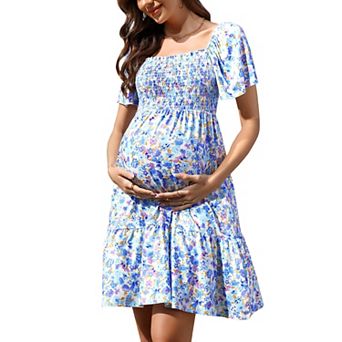 Women's Maternity Square Neck Short Sleeve Summer Dress Smocked Boho Ruffle Casual Midi Dress