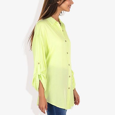 Women's Long Sleeve Button-down Shirt With Roll-up Sleeves And Front Pocket Casual Loose Fit Blouse