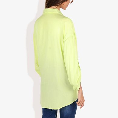 Women's Long Sleeve Button-down Shirt With Roll-up Sleeves And Front Pocket Casual Loose Fit Blouse