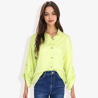Women's Long Sleeve Button-down Shirt With Roll-up Sleeves And Front Pocket Casual Loose Fit Blouse