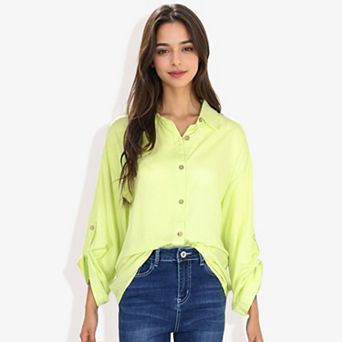 Women's Long Sleeve Button-down Shirt With Roll-up Sleeves And Front Pocket Casual Loose Fit Blouse