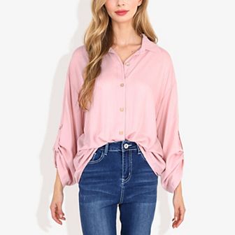 Women's Long Sleeve Button-down Shirt With Roll-up Sleeves And Front Pocket Casual Loose Fit Blouse