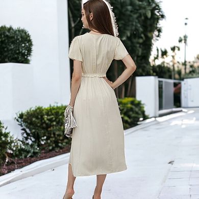 Women's Shirred Neck Flowy Sleeve Dress