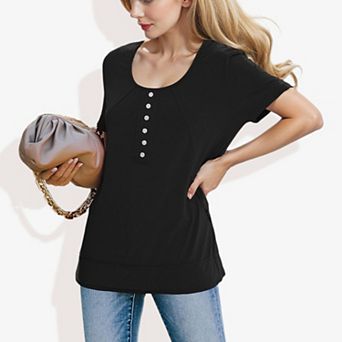 Women's Summer Solid Color Round Neck Decorative Button Short Sleeve Shirt Tops