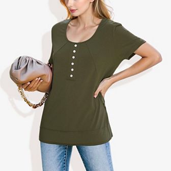 Women's Summer Solid Color Round Neck Decorative Button Short Sleeve Shirt Tops