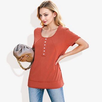 Women's Summer Solid Color Round Neck Decorative Button Short Sleeve Shirt Tops