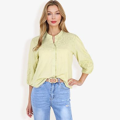Women's Button Down Shirt With Embroidered Eyelet Details