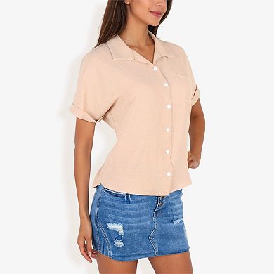 Women's Short Sleeve Button Down Shirt With Front Pocket And Notched Collar