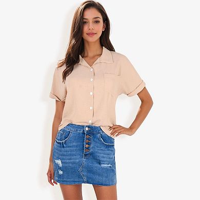 Women's Short Sleeve Button Down Shirt With Front Pocket And Notched Collar