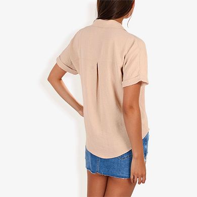 Women's Short Sleeve Button Down Shirt With Front Pocket And Notched Collar