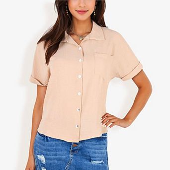 Women's Short Sleeve Button Down Shirt With Notched Collar
