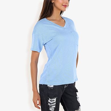 Women's Ribbed Knit Top With Front Pocket Loose Fit Casual Blouse