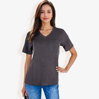 Women's Ribbed Knit Top With Front Pocket Loose Fit Casual Blouse