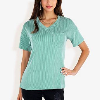 Women's Ribbed Knit Top With Front Pocket Loose Fit Casual Blouse