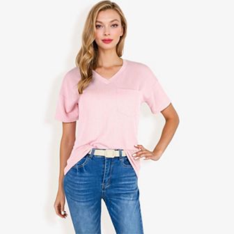 Women's Ribbed Knit Top With Front Pocket Loose Fit Casual Blouse