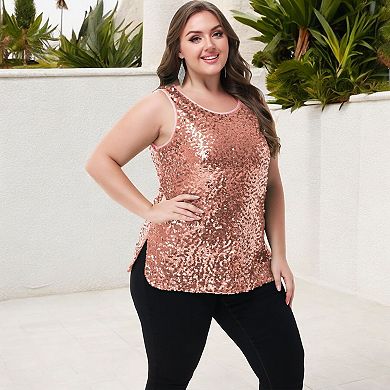 Women's Plus Size Sequin Tank Top Sleeveless Sparkle Blouse