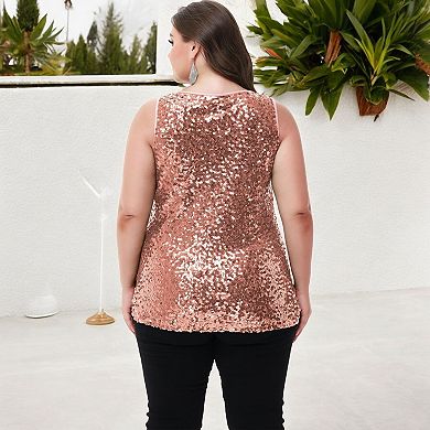 Women's Plus Size Sequin Tank Top Sleeveless Sparkle Blouse