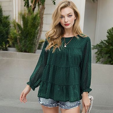Women's Long Sleeve Swiss Dot Peplum Top With Sheer Sleeves And Tiered Ruffle Detail Casual Blouse