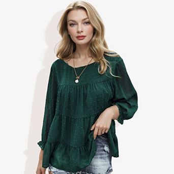 Women's Long Sleeve Swiss Dot Peplum Top With Sheer Sleeves And Tiered Ruffle Detail Casual Blouse