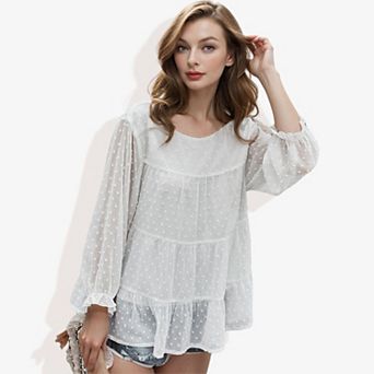 Women's Long Sleeve Swiss Dot Peplum Top With Sheer Sleeves And Tiered Ruffle Detail Casual Blouse