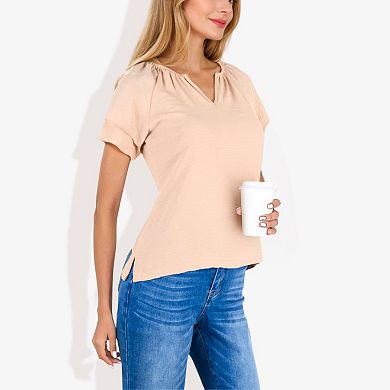 Women's Short Sleeve Blouse With Double Layer Ruffle Sleeve Detail