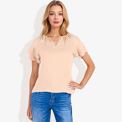 Women's Short Sleeve Blouse With Double Layer Ruffle Sleeve Detail