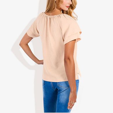 Women's Short Sleeve Blouse With Double Layer Ruffle Sleeve Detail