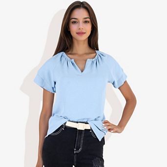 Women's Short Sleeve Blouse With Double Layer Ruffle Sleeve Detail