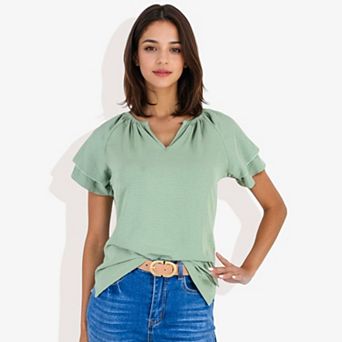 Women's Short Sleeve Blouse With Double Layer Ruffle Sleeve Detail