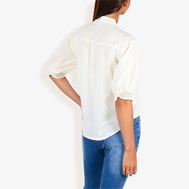 Anna-Kaci Women's Embroidered Eyelet Top with Half Sleeve and V-Neck Design
